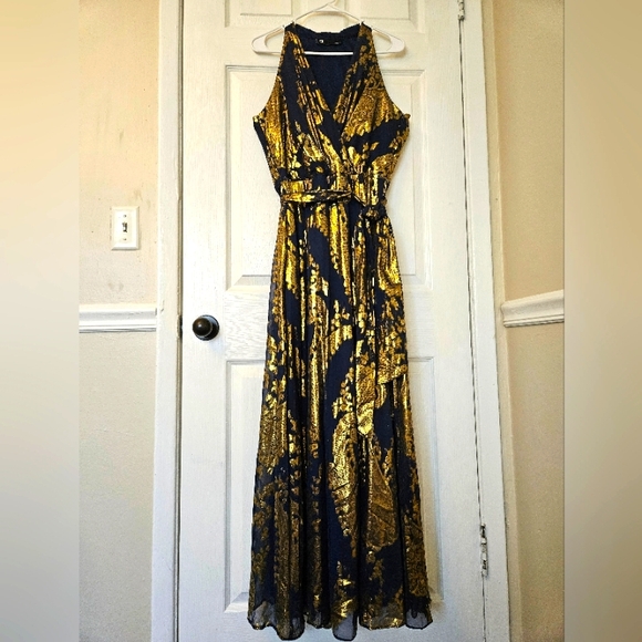 Leslie Fay NavyGold Metallic Formal Dress. Sz 10 - Picture 1 of 15